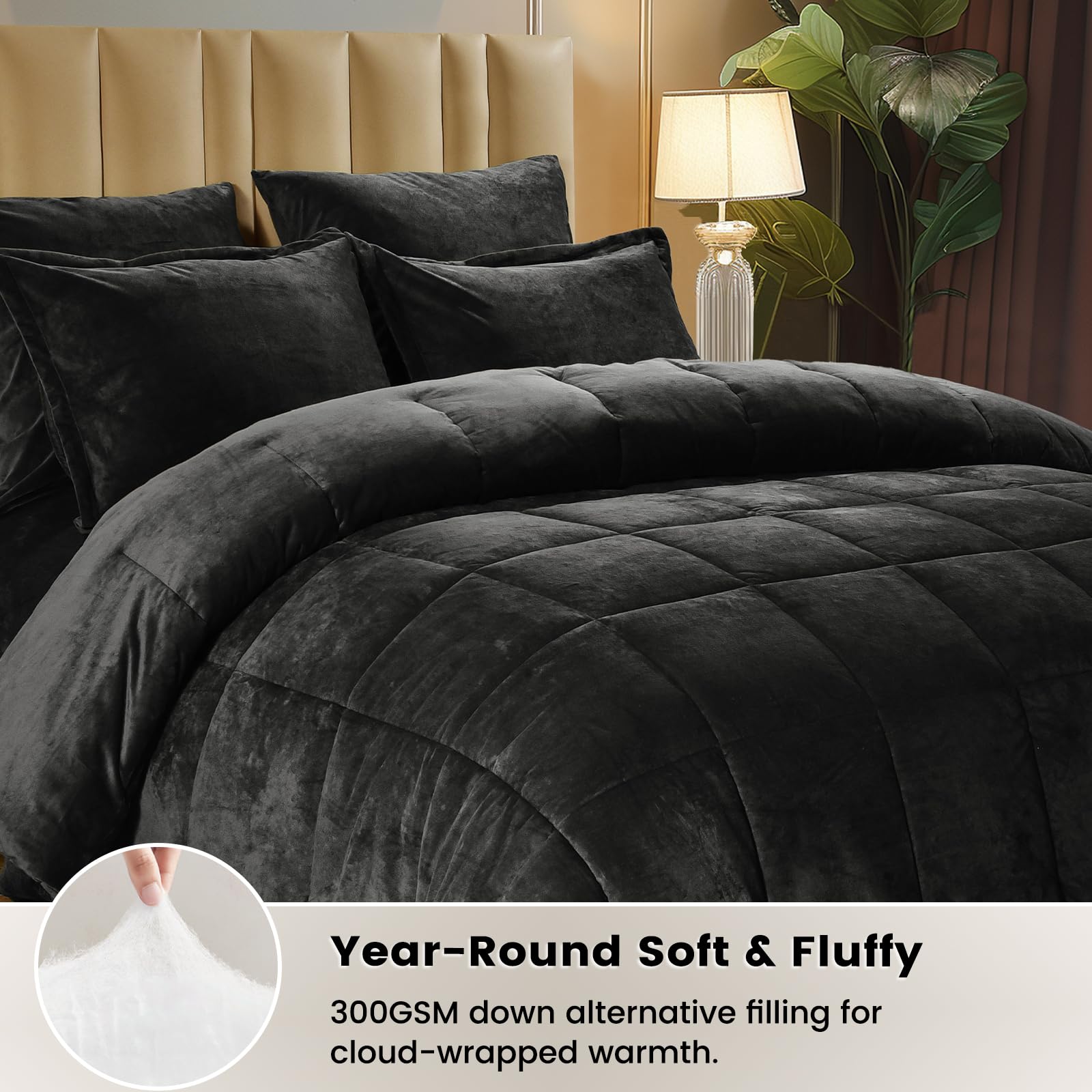 PHF King Size Double-Sided Velvet Comforter Set, 5 Piece Luxury Bedding in Black - Soft, Warm, Modern Bed in a Bag with Pillow Shams
