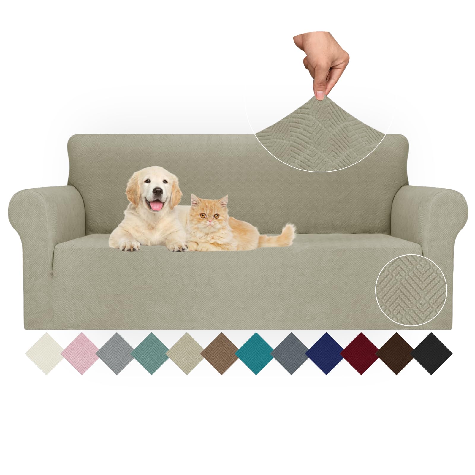 Jiviner Stretch Sofa Covers 1 Piece Couch Covers For 3 Cushion Couch Sofa, 3 Seater Sofa Slipcovers Furniture Protector With Elastic Bottom For Kids, Pets (Khaki, Sofa)