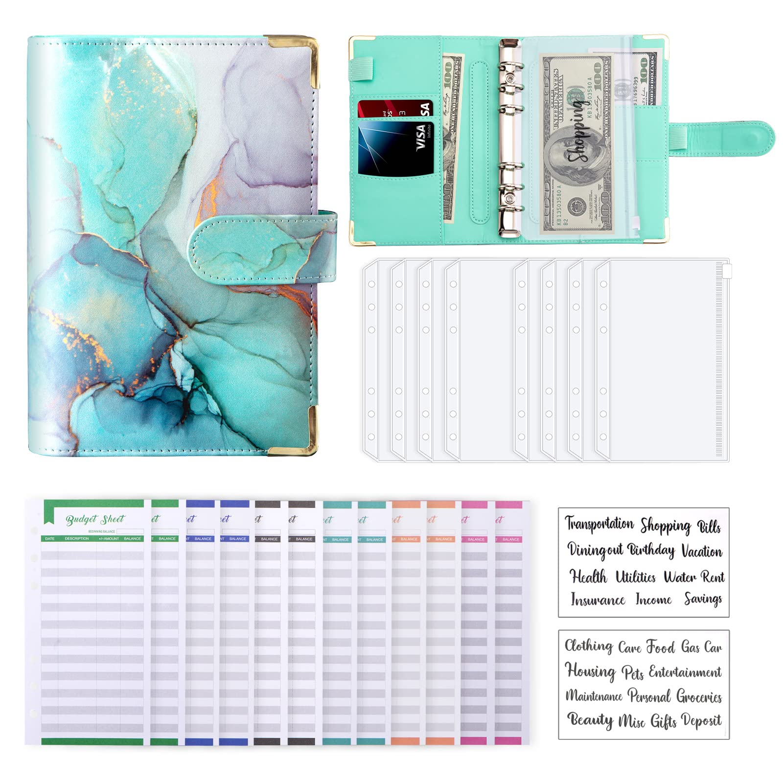 Budget Binder, A6 Marble Pu Leather Binder, Money Organizer Budget Planner With 8 Zipper Cash Envelopes, 12 Expense Budget Sheet