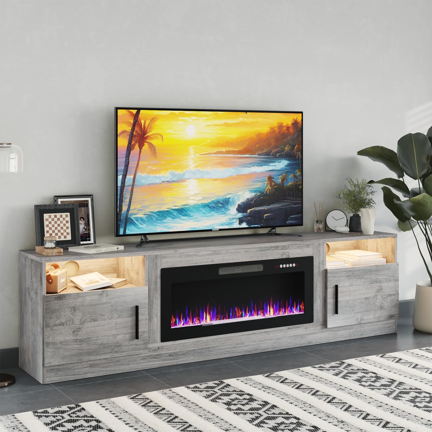 PRETZI Fireplace TV Stand with 36 Fireplace Up to 90 TVs,80 Entertainment Center with LED Lights,Remote Control,TV Media Console