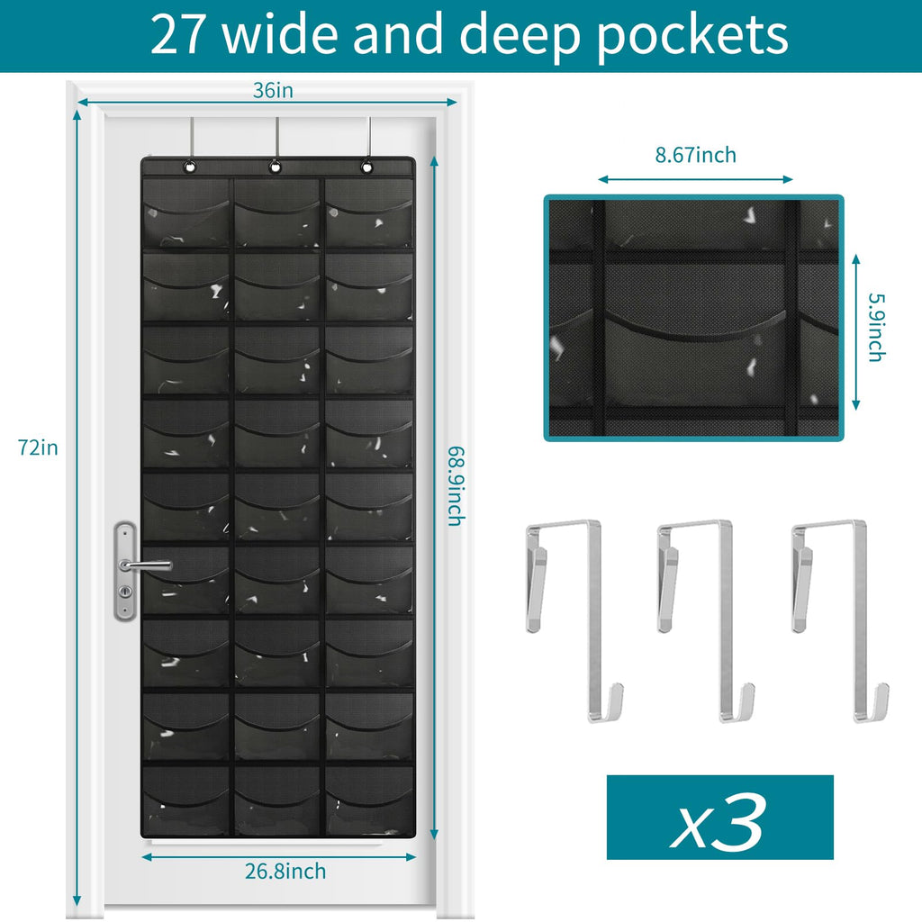 Fixwal Baseball Cap Organizer, 27 Pocket Over The Door Rack, Black Non-Woven, Model Fixwal403111110, with Hooks for Storage and Display