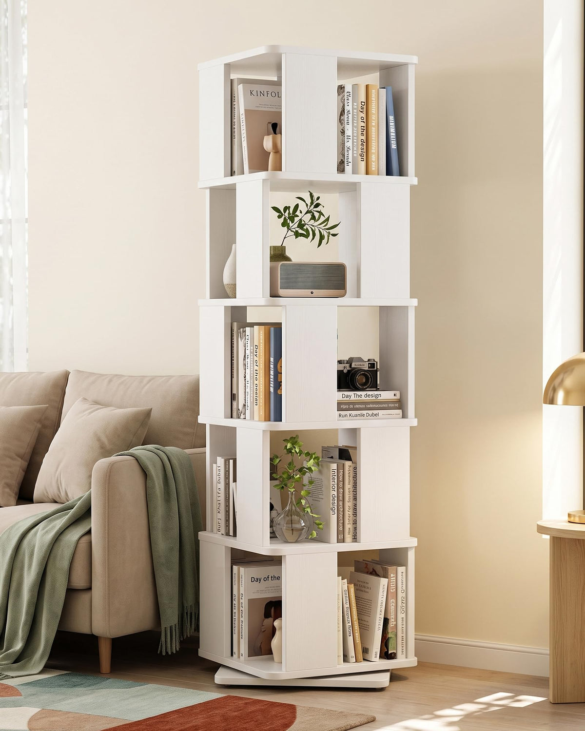 Foxemart 5Tier Rotating Bookshelf Tower, 360 Square Spinning Book Shelf