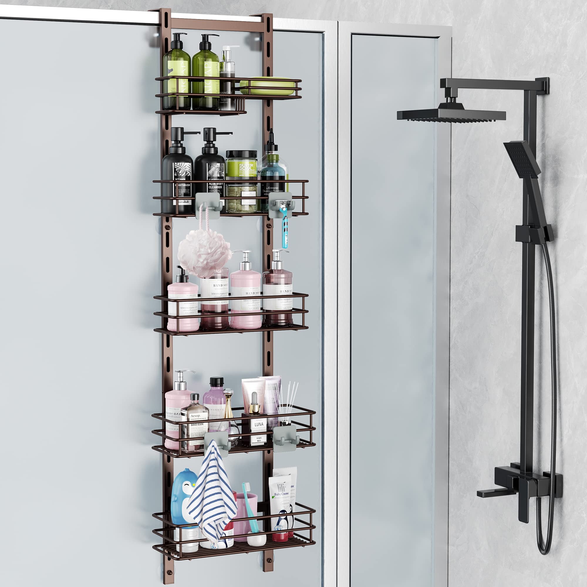 Orimade Over the Door Shower Caddy Adjustable 5 Tier Bronze,Bathroom Hanging Organizer Shelf Rustproof with 4 Hooks,Shower Baske