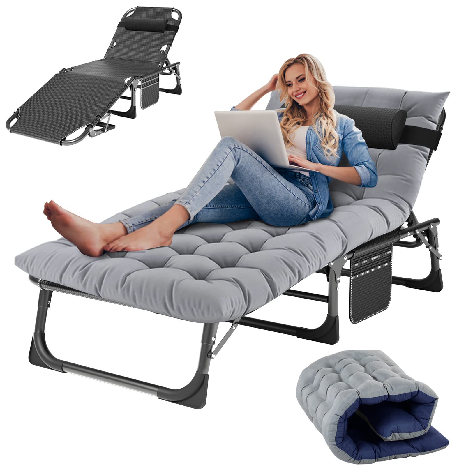 Slsy Folding Lounge Chairs Outdoor, Adjustable Sleeping Cot Chair, Portable Folding Bed Cot Chaise Lounge Chairs for Outside Bea