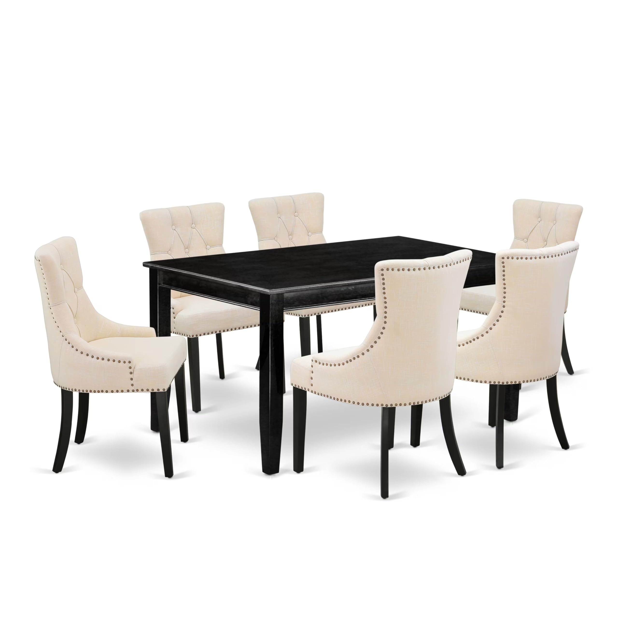 East West Furniture Dufr7-Blk-02 7 Piece Dining Room Table Set Consist Of A Rectangle Wooden Table And 6 Light Beige Linen Fabric Upholstered Parson Chairs, 36X60 Inch, Black