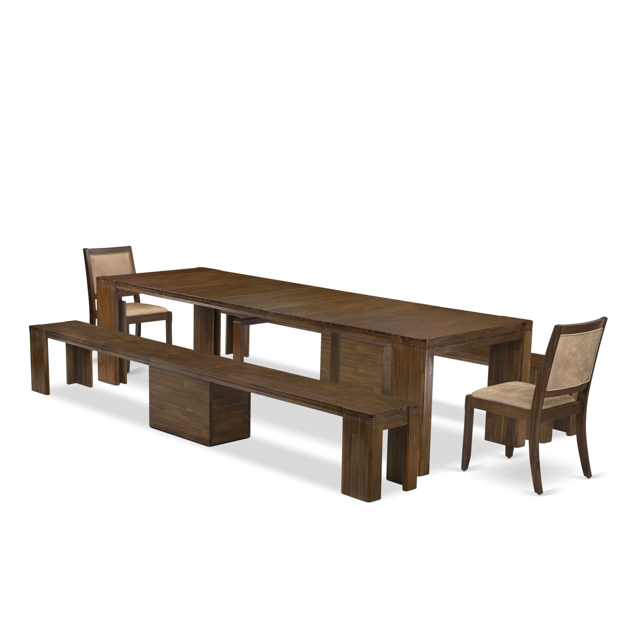 Luxe by East West Furniture - X02X2-208-28 - 5 Pieces Modern Dining Set contains an Extendable Rectangle Kitchen Table, 2 Stackable Dining Chairs and 2 Modern Benches, 39x120 Inch, Antique Walnut
