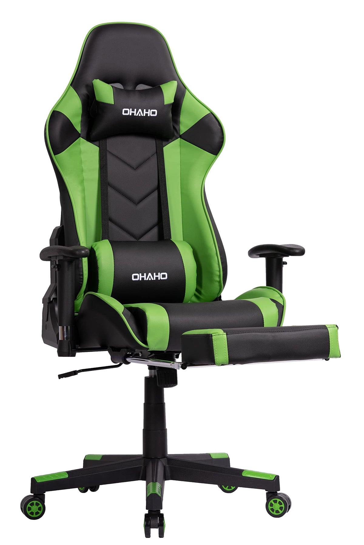 Ohaho Gaming Chair Racing Style Office Chair Adjustable Massage Lumbar Cushion Swivel Rocker Recliner High Back Ergonomic Computer Desk Chair With Retractable Arms And Footrest (Black/Green)