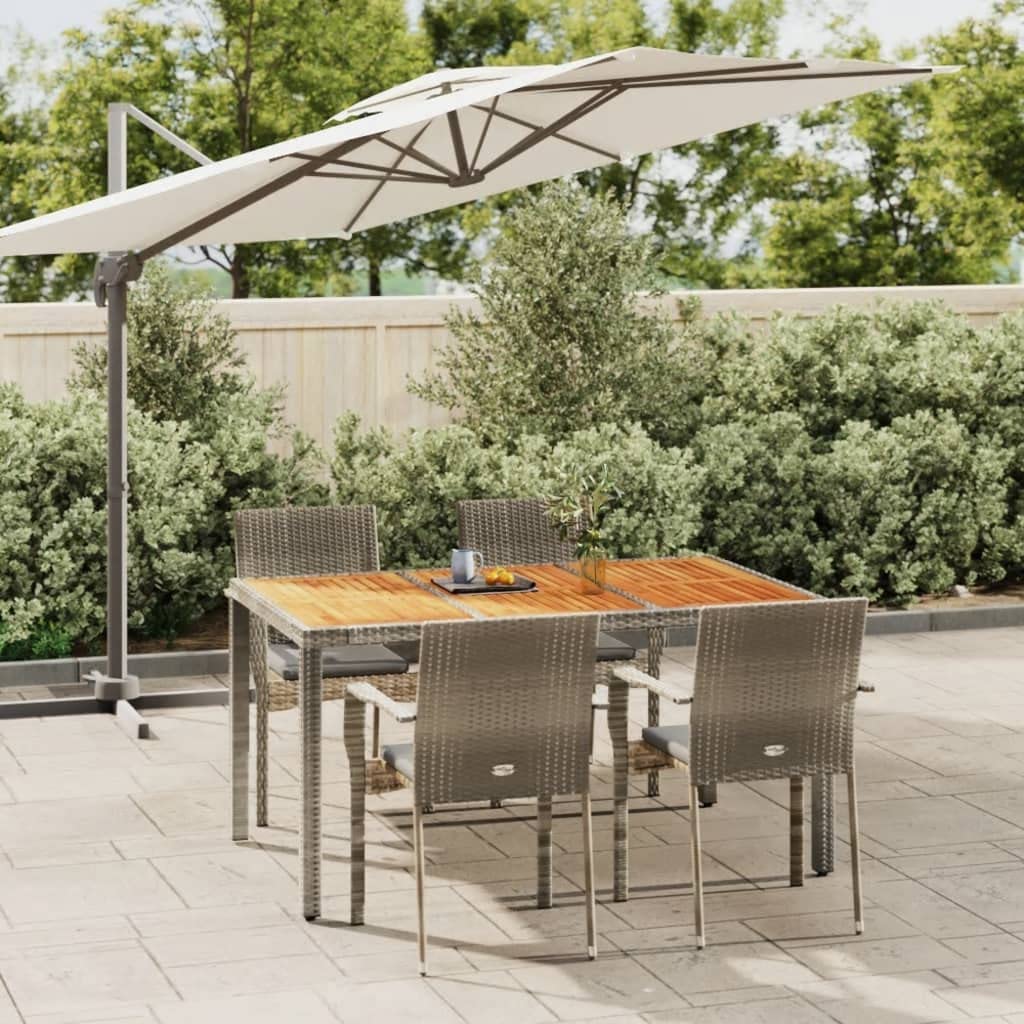 vidaXL 5-Piece Outdoor Patio Dining Set – Weather-Resistant Gray Poly Rattan Furniture with Cushions, Acacia Wood Tabletop – Modern Lounge Set for Garden Comfort and Style