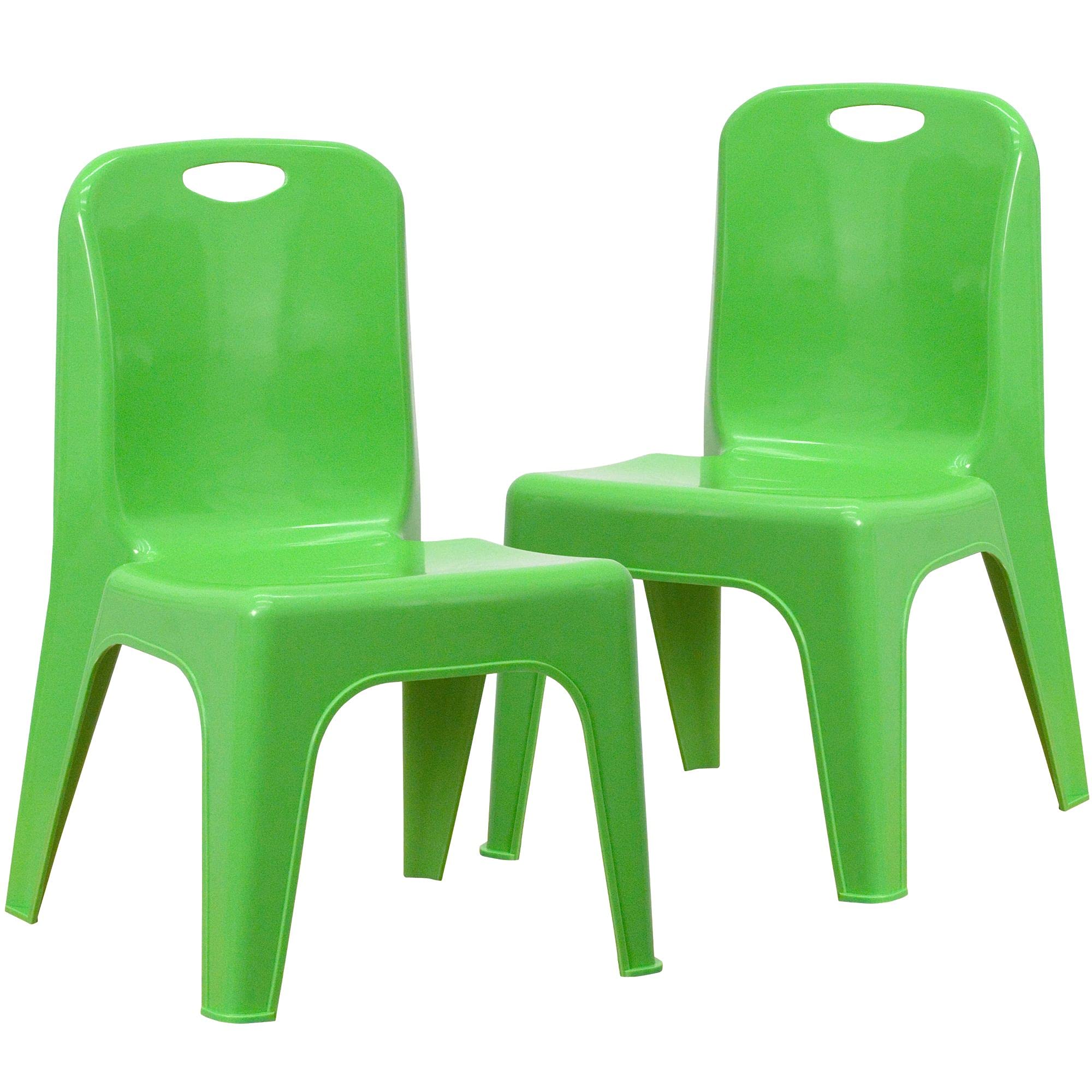 2 Pack Green Plastic Stackable School Chair with Carrying Handle and 11 Seat Height