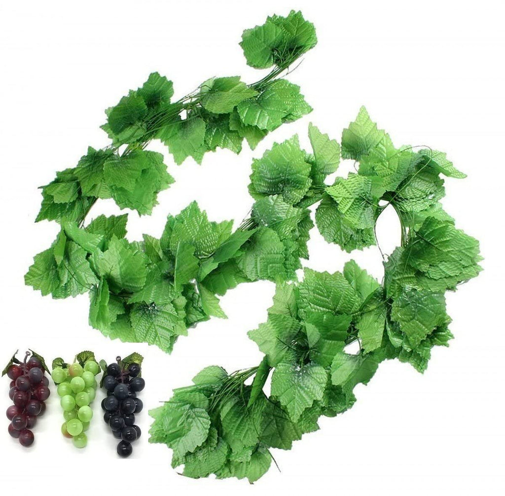 HECATY 12 Strands 90 ft Artificial Fake Grape Vines with 3 Strings Grapes, Hanging Plant Large Leaves Garland for Wedding Party 