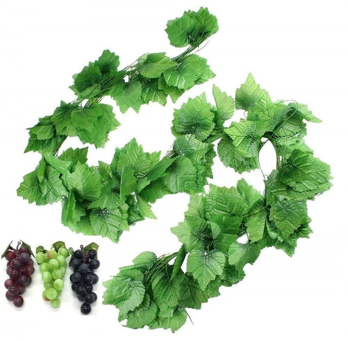 HECATY 12 Strands 90 ft Artificial Fake Grape Vines with 3 Strings Grapes, Hanging Plant Large Leaves Garland for Wedding Party 
