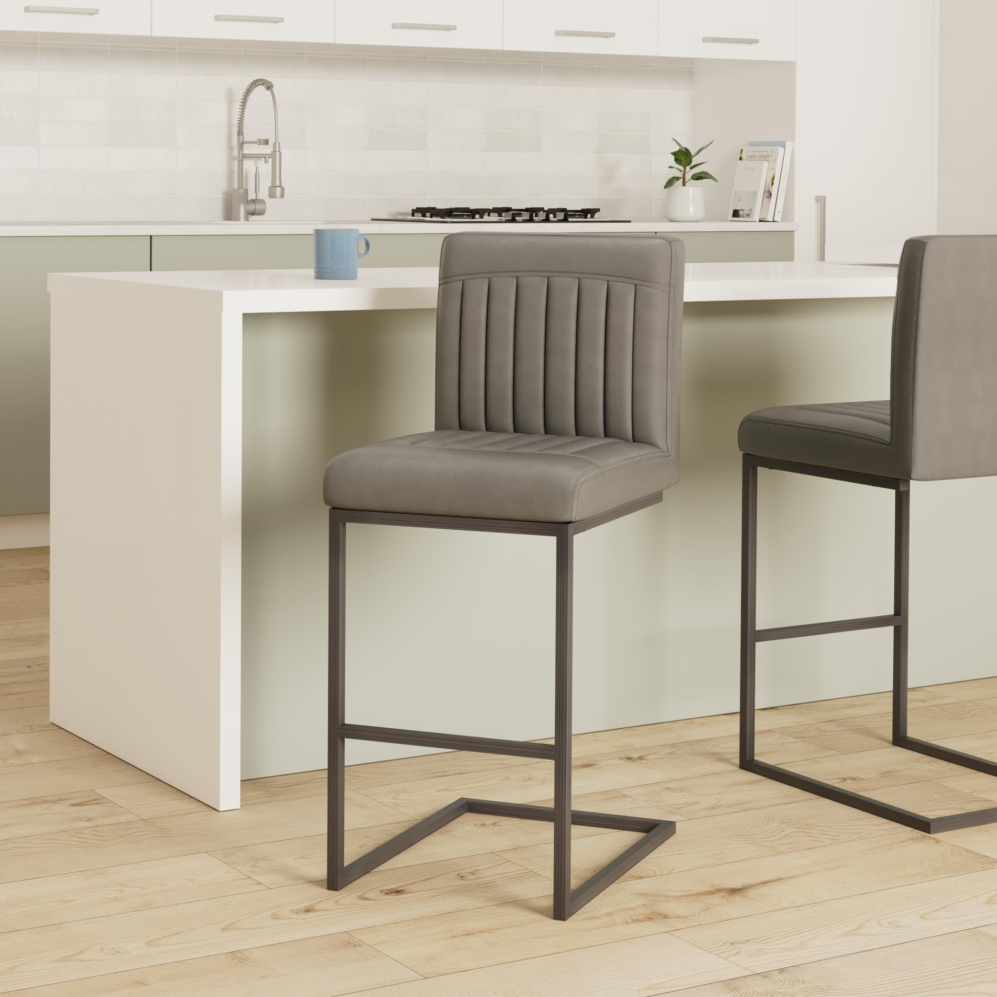 New Pacific Direct Ronan Pu Leather Counter, Set Of 2 Bar & Counter Stools, Antique Graphite Gray