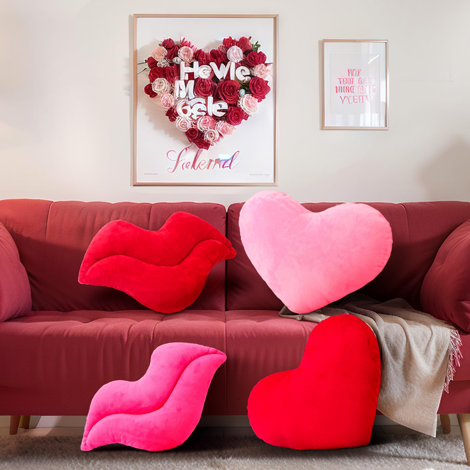 Beeveer 4 Pcs Valentines Day Heart and Lip Pillows Soft Cute Heart Shaped Decorative Red Pink Fluffy Throw Pillow Aesthetic Coqu