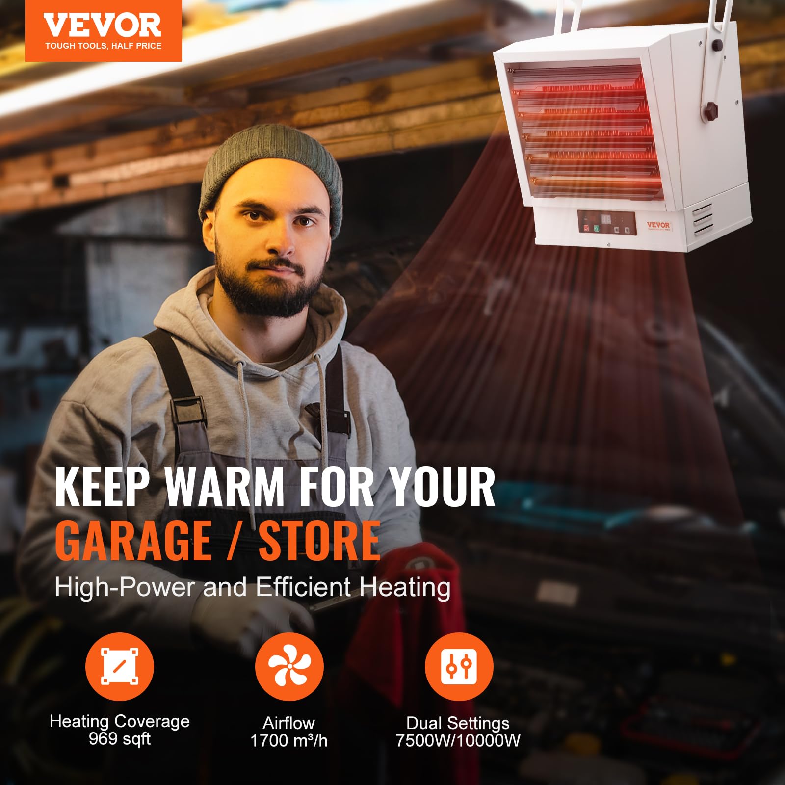 Vevor Electric Garage Heater, 10000-Watt Digital Fan-Forced Wall/Ceiling Mount Shop Heater, With Remote Control Overheat Protect