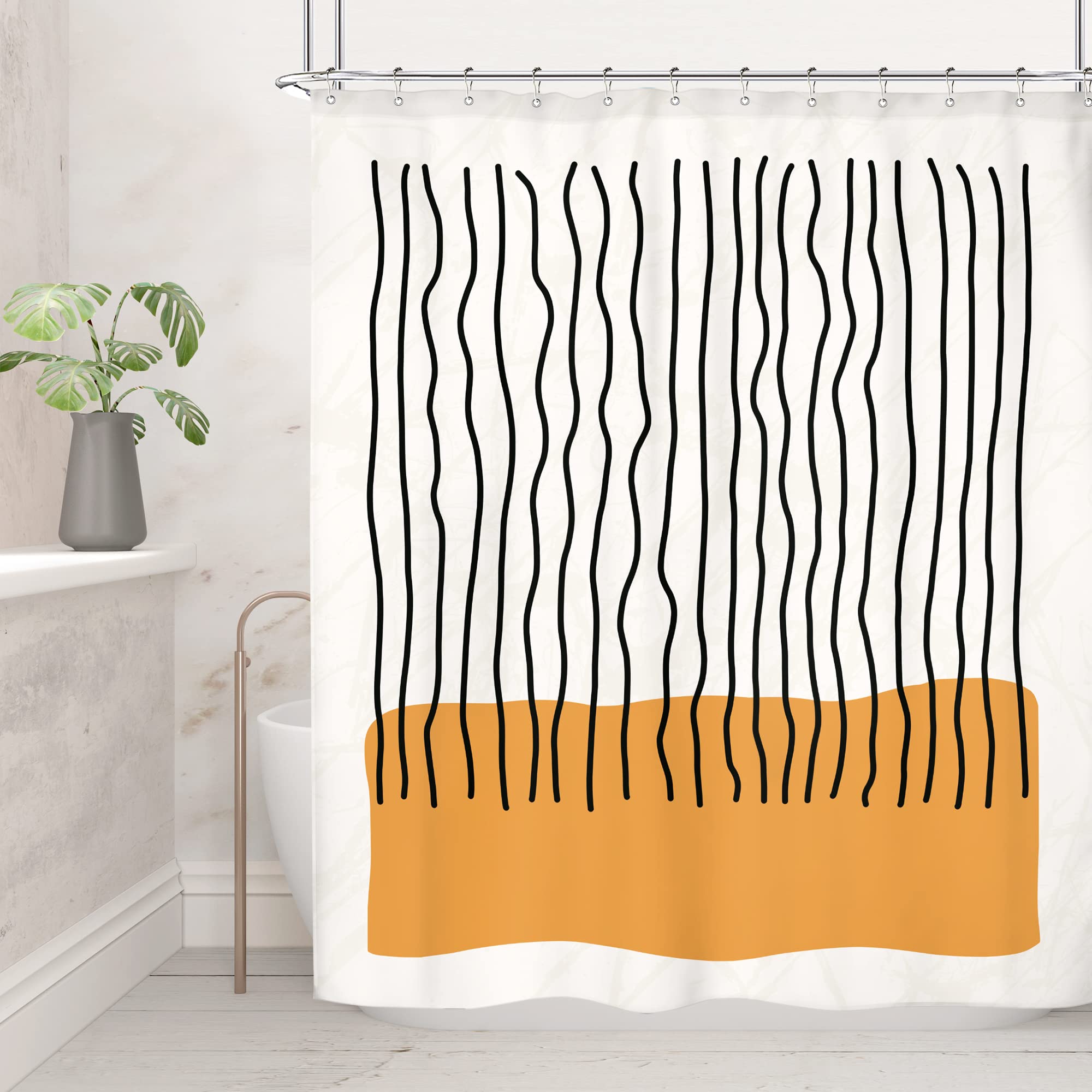 Riyidecor Abstract Mid Century Shower Curtain Modern Minimalist Vertical Stripe And Orange Block 60Wx72H Inch Black Line Colorfu