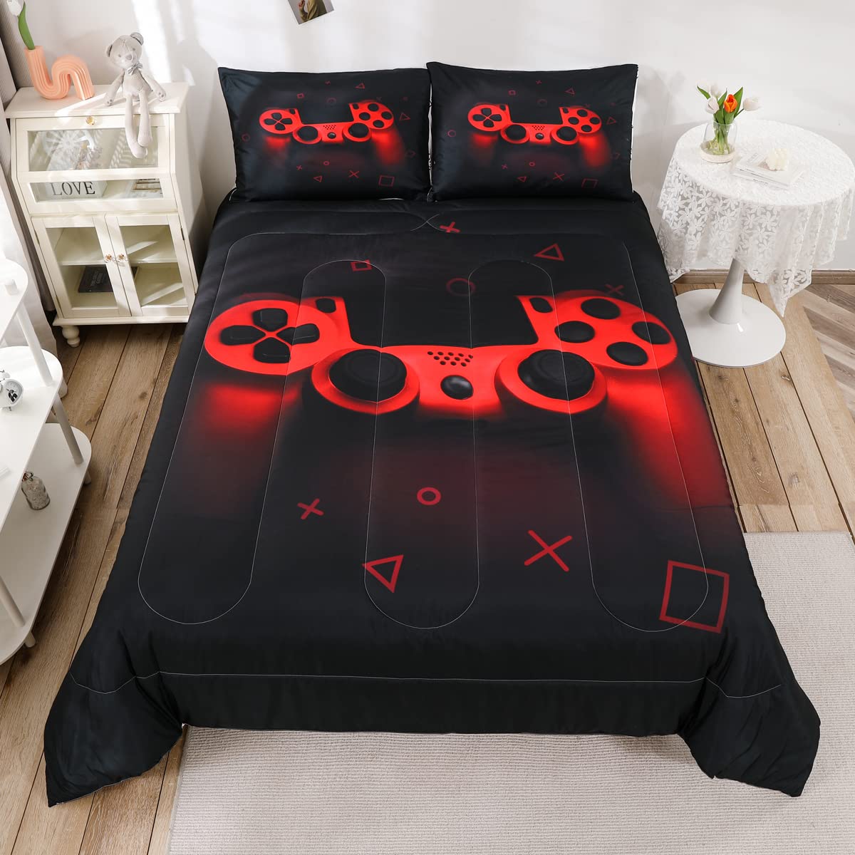 Boys Gamer Comforter Set Full Size,Gamepad Bedding Set Kids Young Man Video Games Down Comforter for Teen Child Game Room Decor 