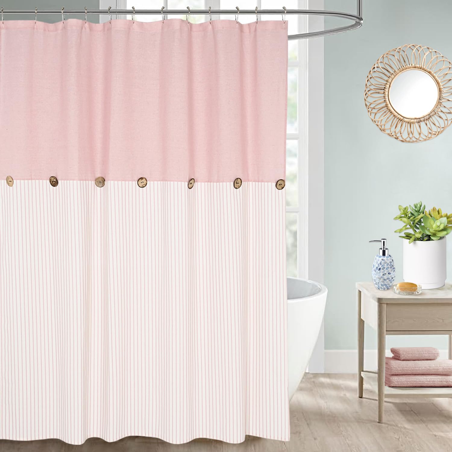 Dosly Id  Es Farmhouse Pink Shower Curtain For Bathroom,Beige And Pink Stripe,Button Bathroom Curtain,Cotton Blend Woven Fabric,
