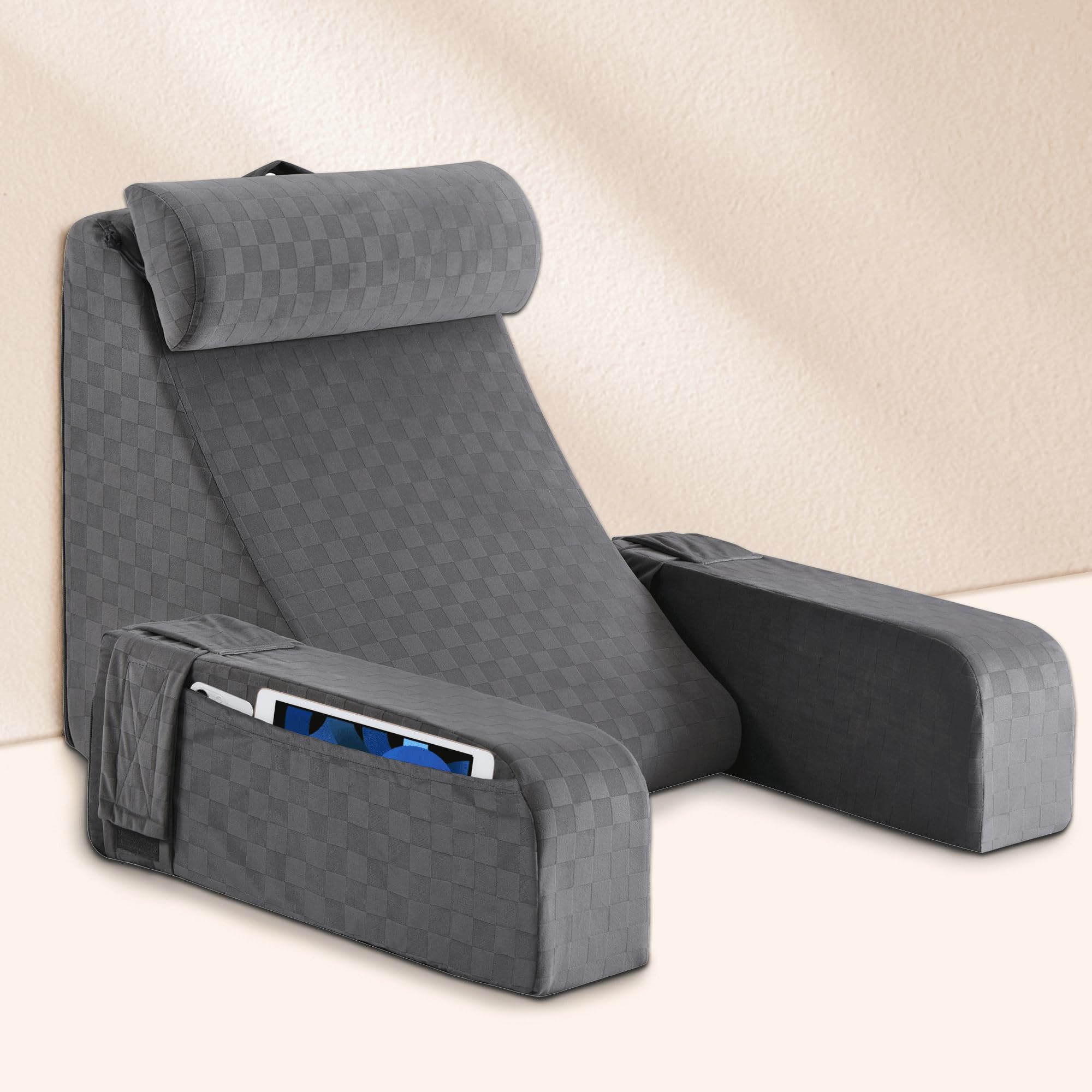 Vekkia Reading Pillow,Back Pillow For Bed Sitting Up Adult,Back Support Pillow With Arm Rest And Pockets,New Rest Chair Pillow F