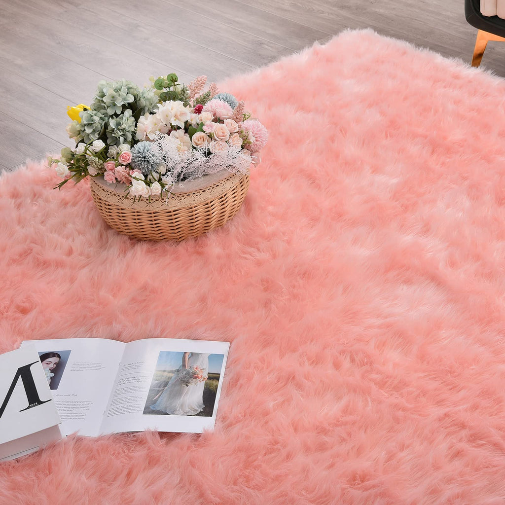 Orinova Pink Faux Sheepskin Fuzzy Fur Rugs For Bedroom Washable Shaggy Area Rugs For Living Room 3X5 Nursery Rug