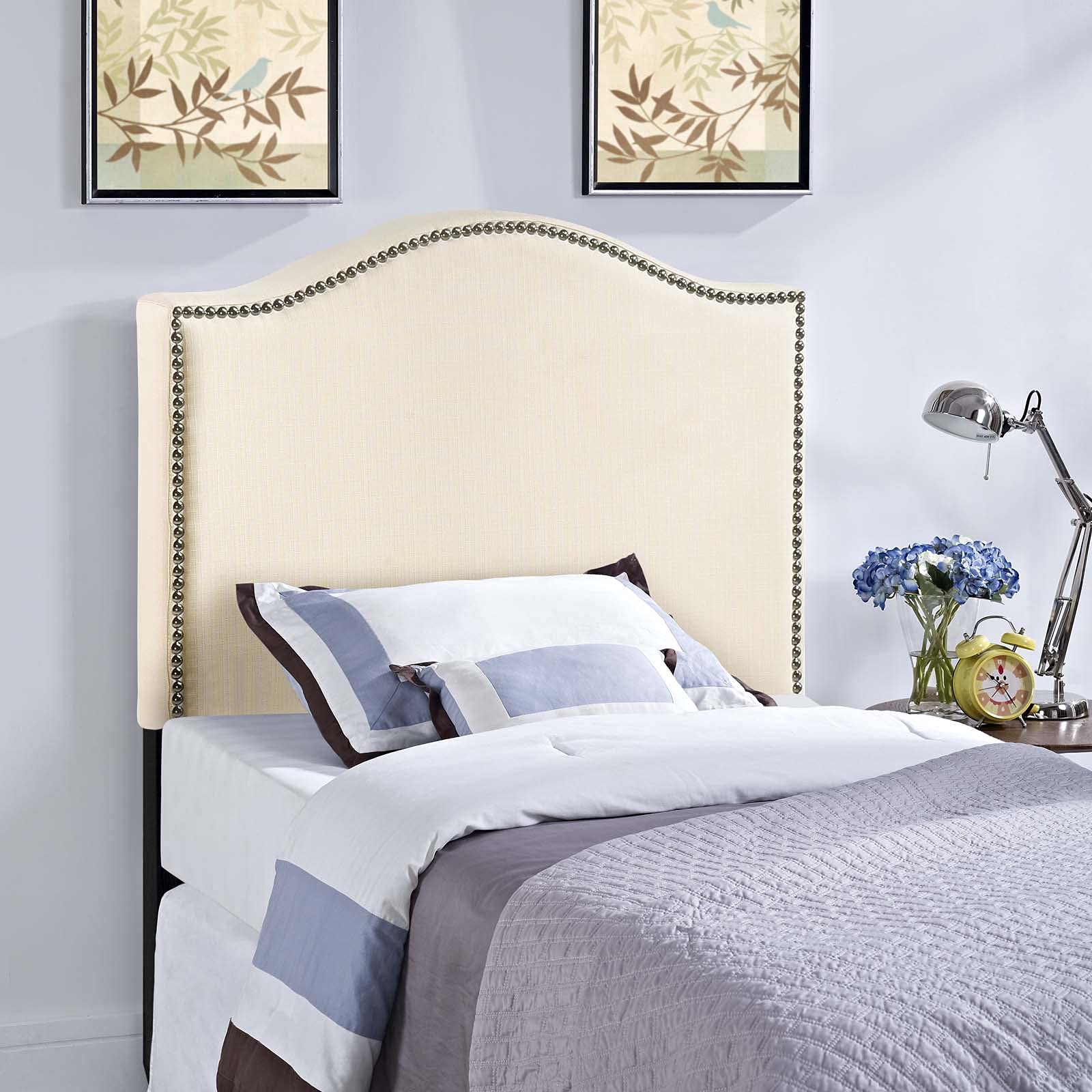Modway Curl Linen Fabric Upholstered Twin Headboard with Nailhead Trim and Curved Shape in Ivory