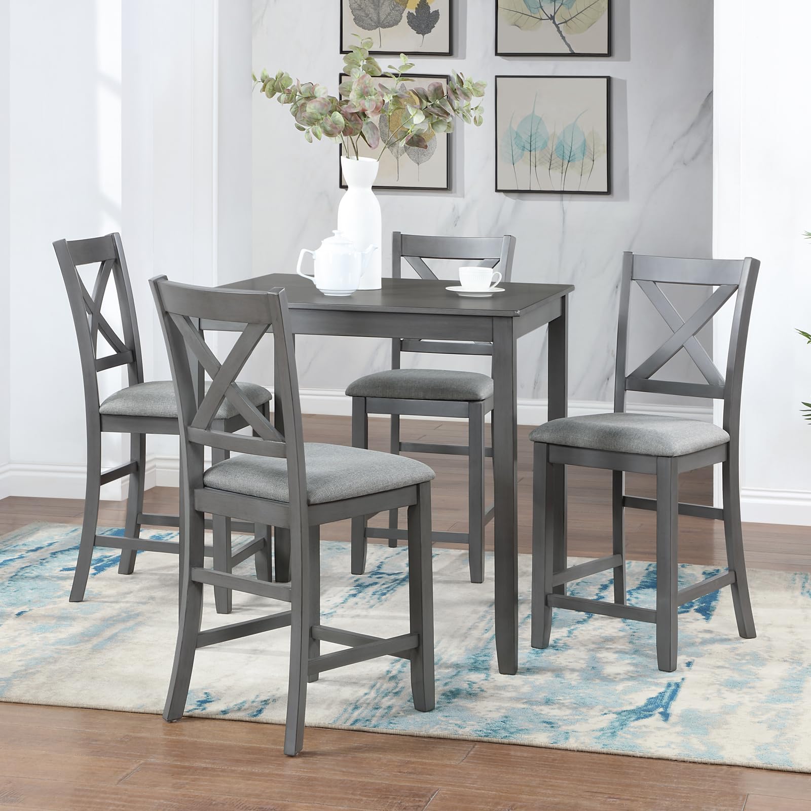 Lumisol 5 Piece Counter Height Dining Table Set For 4, Farmhosue Wood Kitchen Table Set With 4 Upholstered Chairs For Kitchen, D