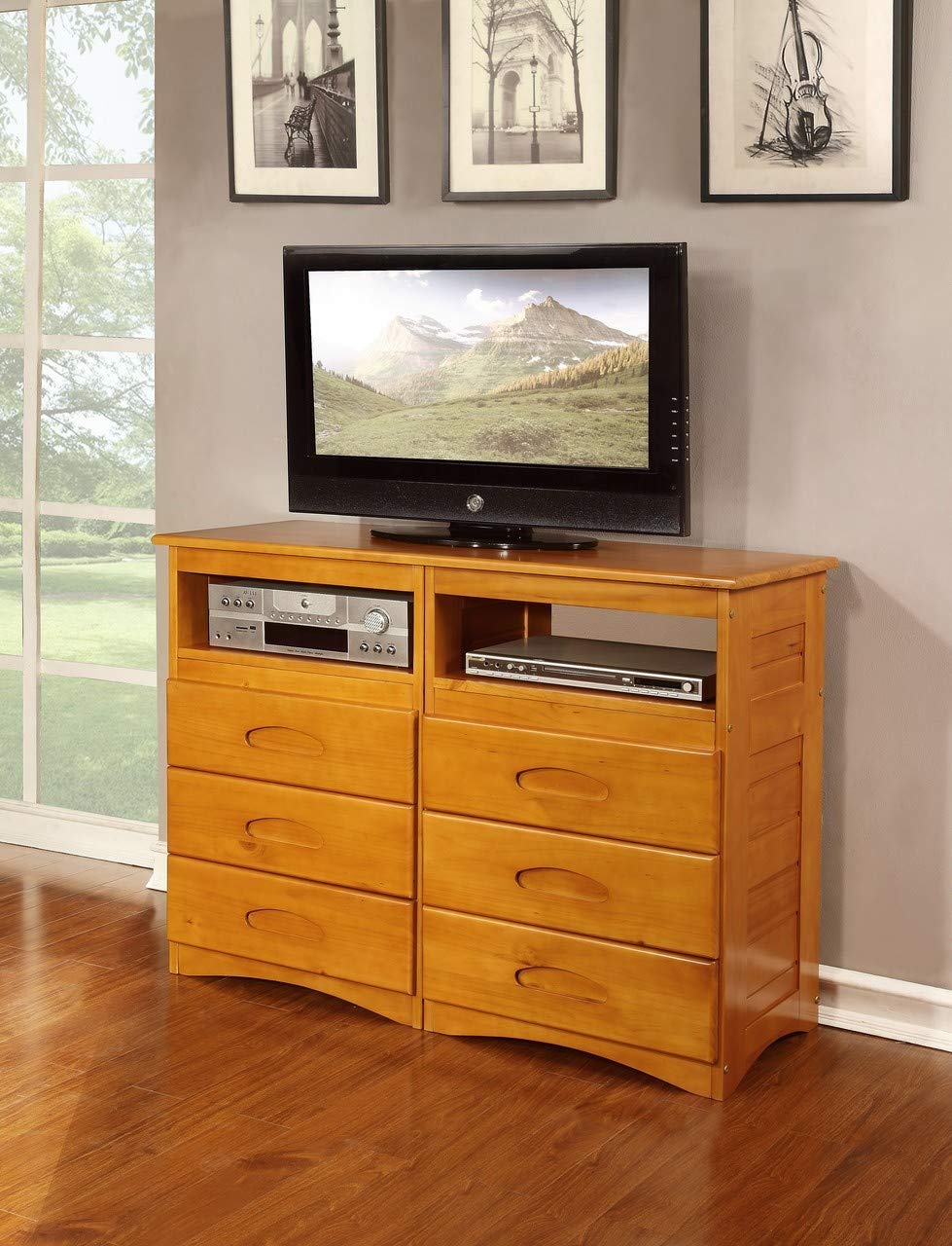 American Furniture Classics Honey-Finished Pine Wood 6-Drawer Entertainment Dresser