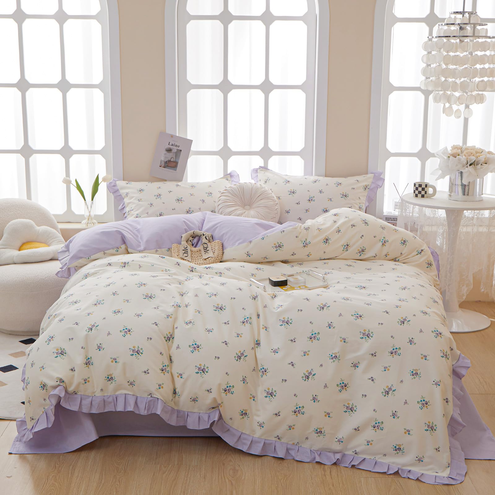 Lace Floral Duvet Cover Twin Cotton Purple Flower Duvet Cover 3 Pieces Girls Floral Comforter Cover Garden Style Princess Beddin
