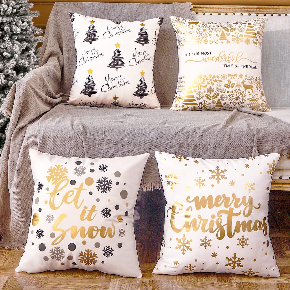 Jojogogo Gold And White Christmas Pillow Covers 20X20 Set Of 4, Let It Snow Snowflake Christmas Tree Decorative Throw Pillows 20