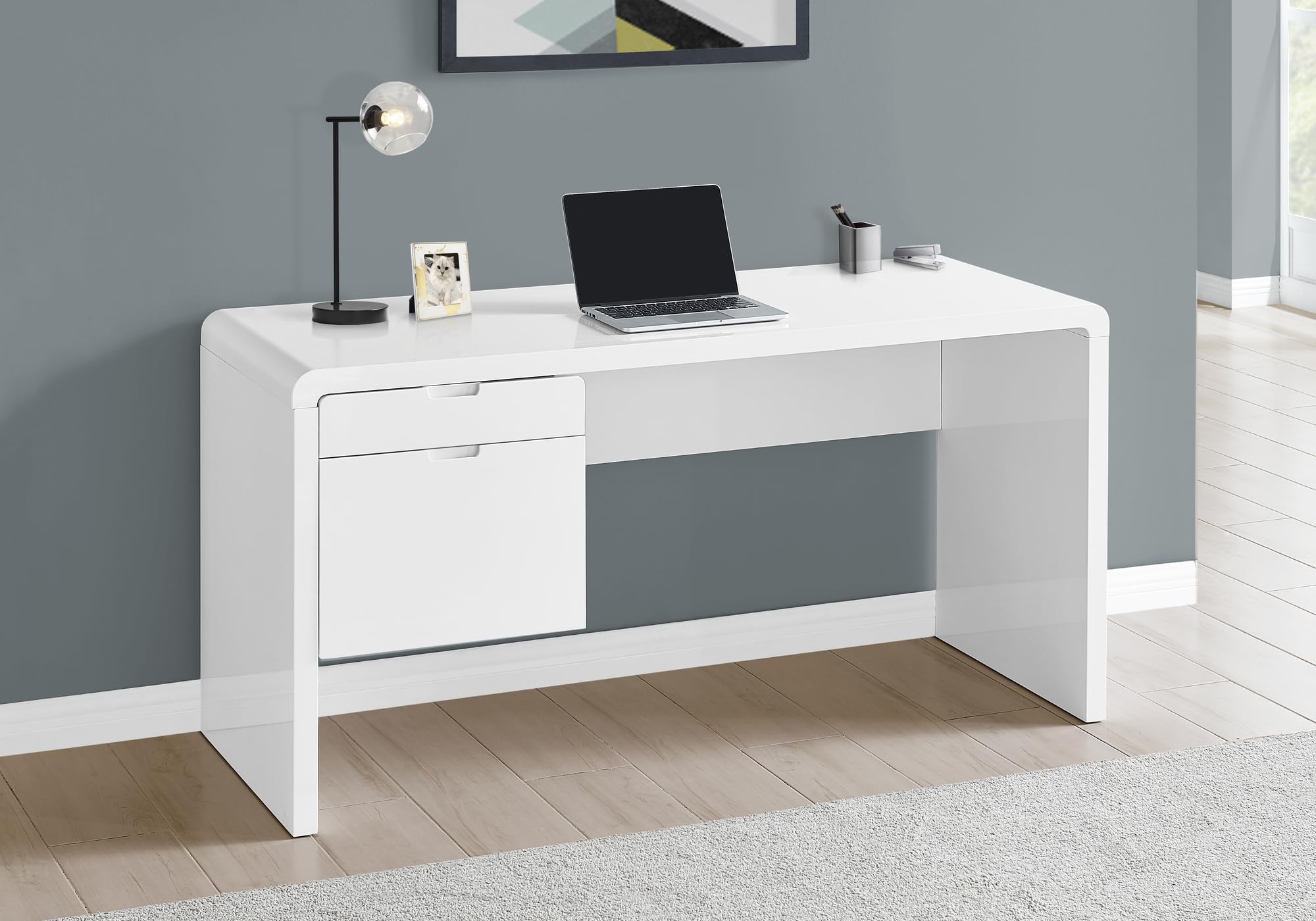 Monarch Specialties I 7581 Computer Desk, Home Office, Laptop, Left, Right Set-up, Storage Drawers, 60&quot; L, Work, Laminate, Glossy White, Contemporary, Modern