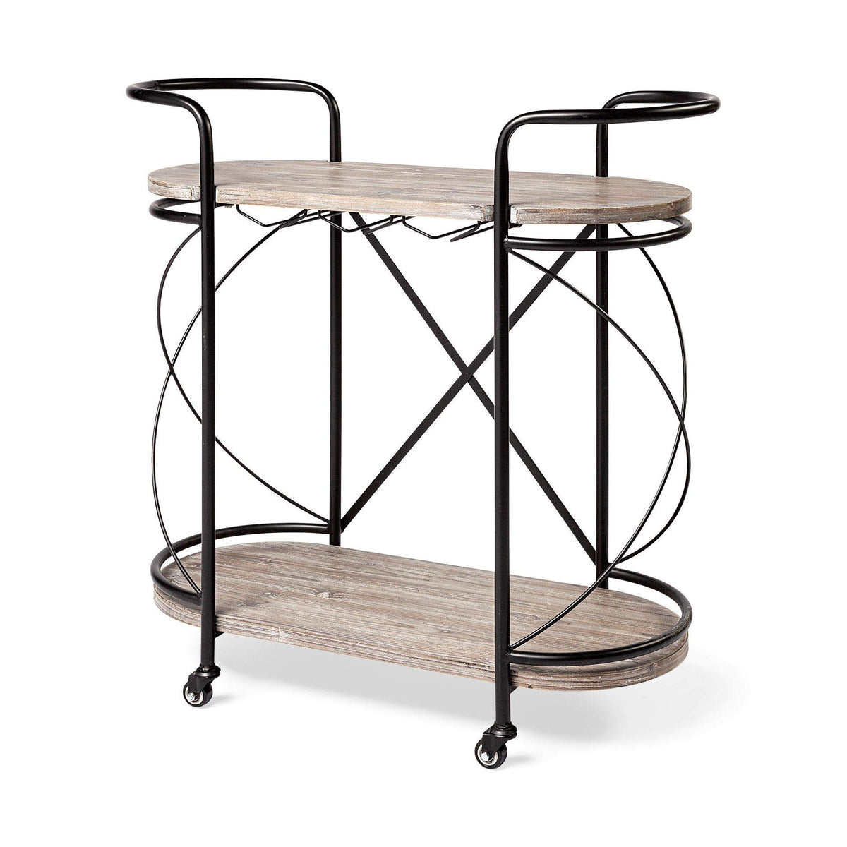 HomeRoots Cyclider Black Metal with Two Wooden Shelves Bar Cart