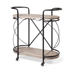 HomeRoots Cyclider Black Metal with Two Wooden Shelves Bar Cart