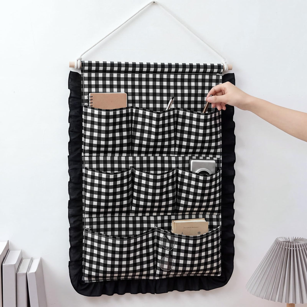 Amyhill Gingham Wall Hanging Organizer with Pocket Ruffled, Black