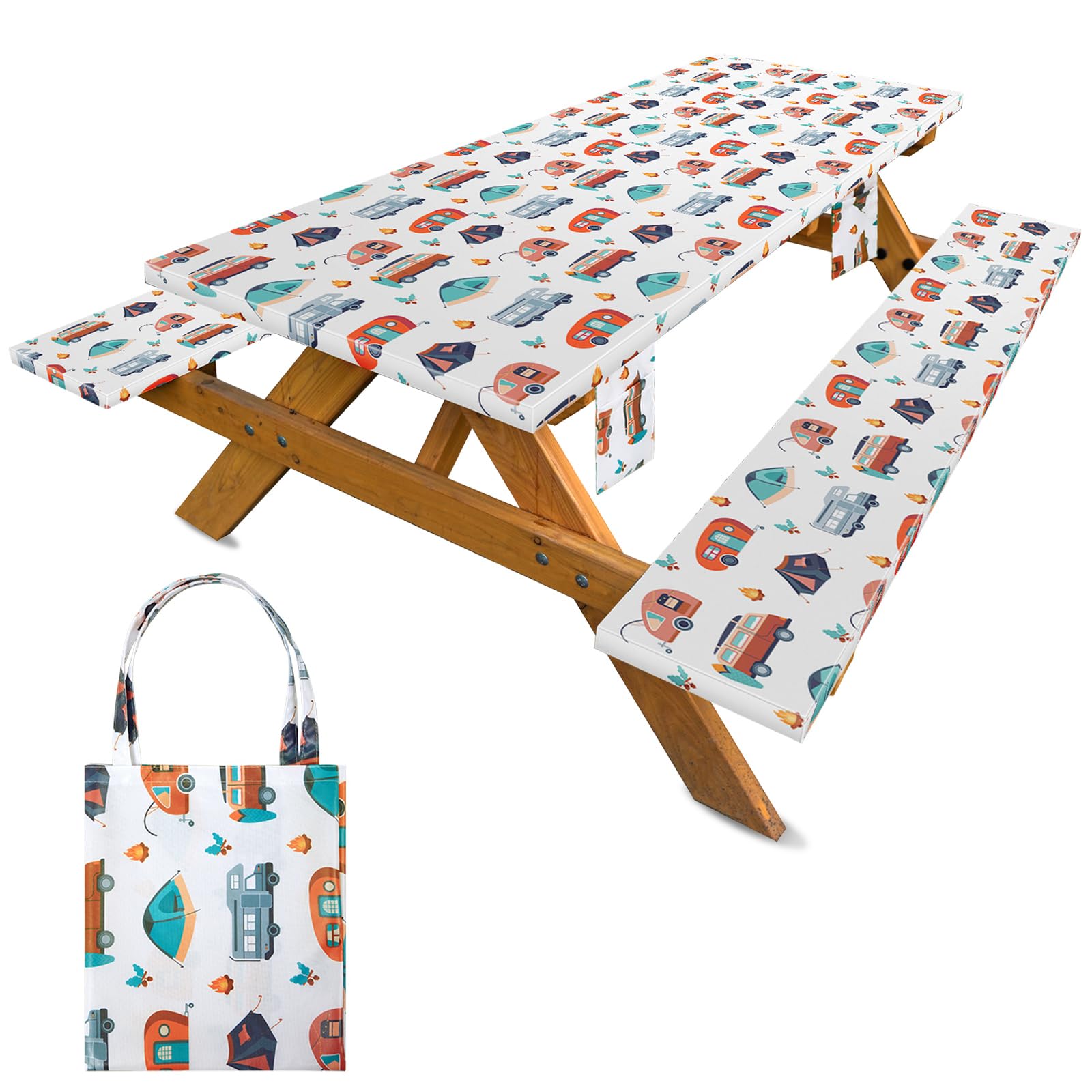 Breling 4 Pcs Picnic Table Cover with Bench Covers and Storage Bag 72x30 Inch Waterproof Fitted Rectangle Camping Tablecloth Clo