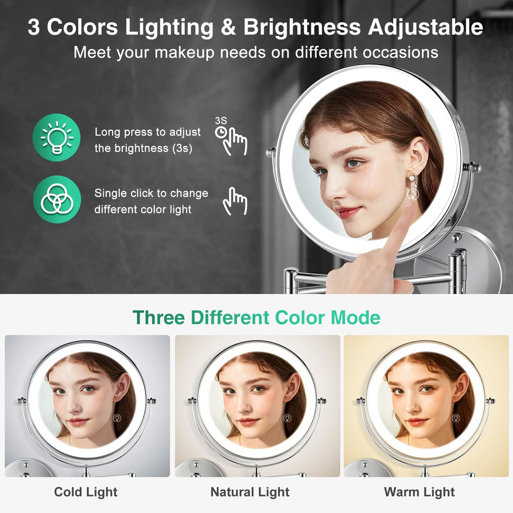 8.5 Inch Rechargeable Wall Mounted Lighted Makeup Mirror, Double-Sided 1X/10X Led Magnifying Vanity Mirror With Lights, 3 Color