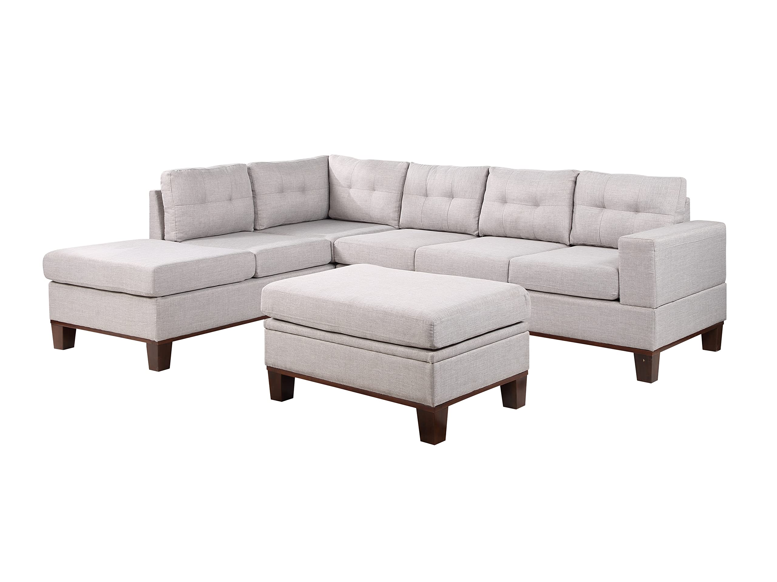 Lilola Home Hilo Light Gray Fabric Reversible Sectional Sofa with Dropdown Armrest, Cupholder, and Storage Ottoman