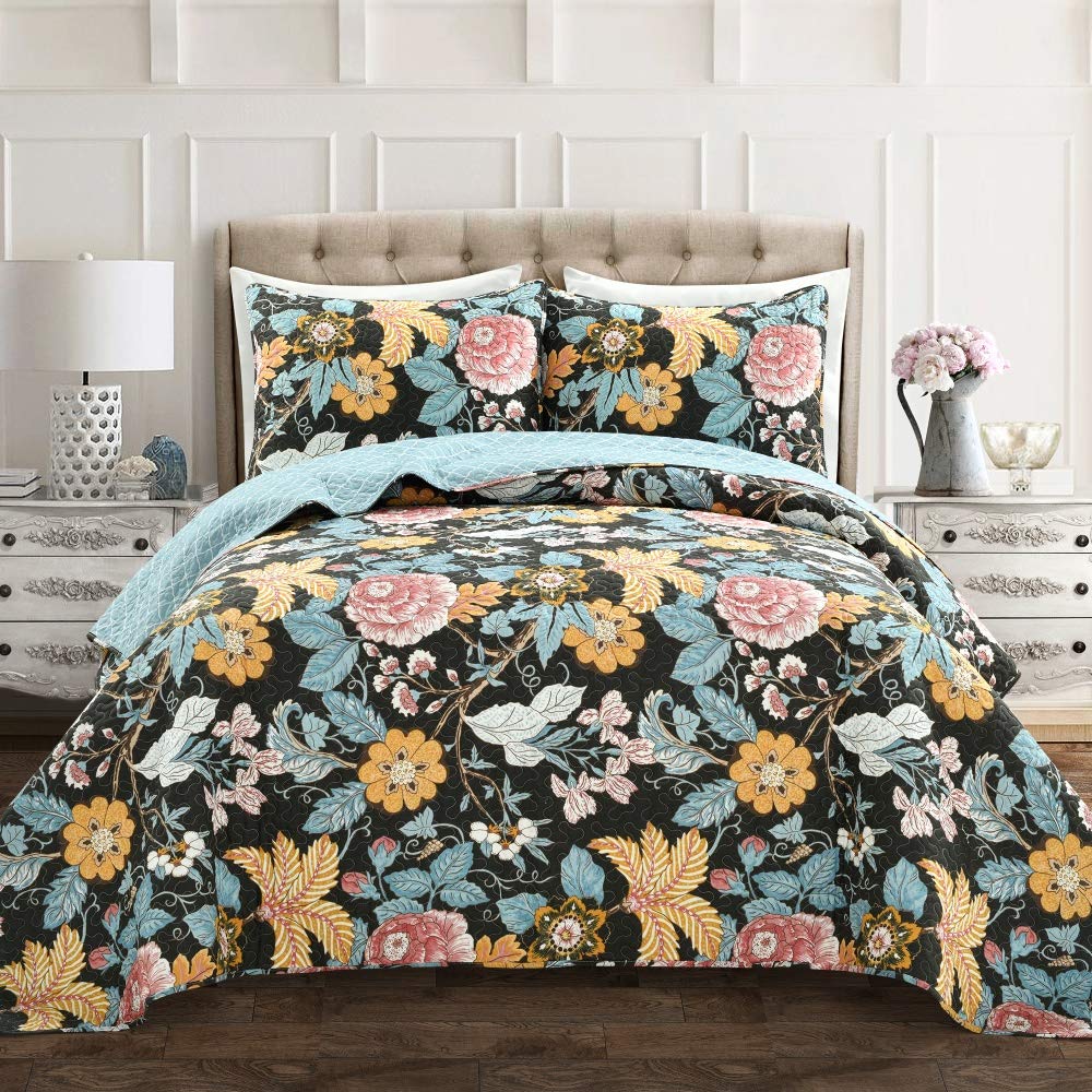 Lush Decor Sydney Reversible Cotton Quilt Set - Charming & Colorful Floral Leaf Design - 3 Piece Quilted Botanical Bedding Set W