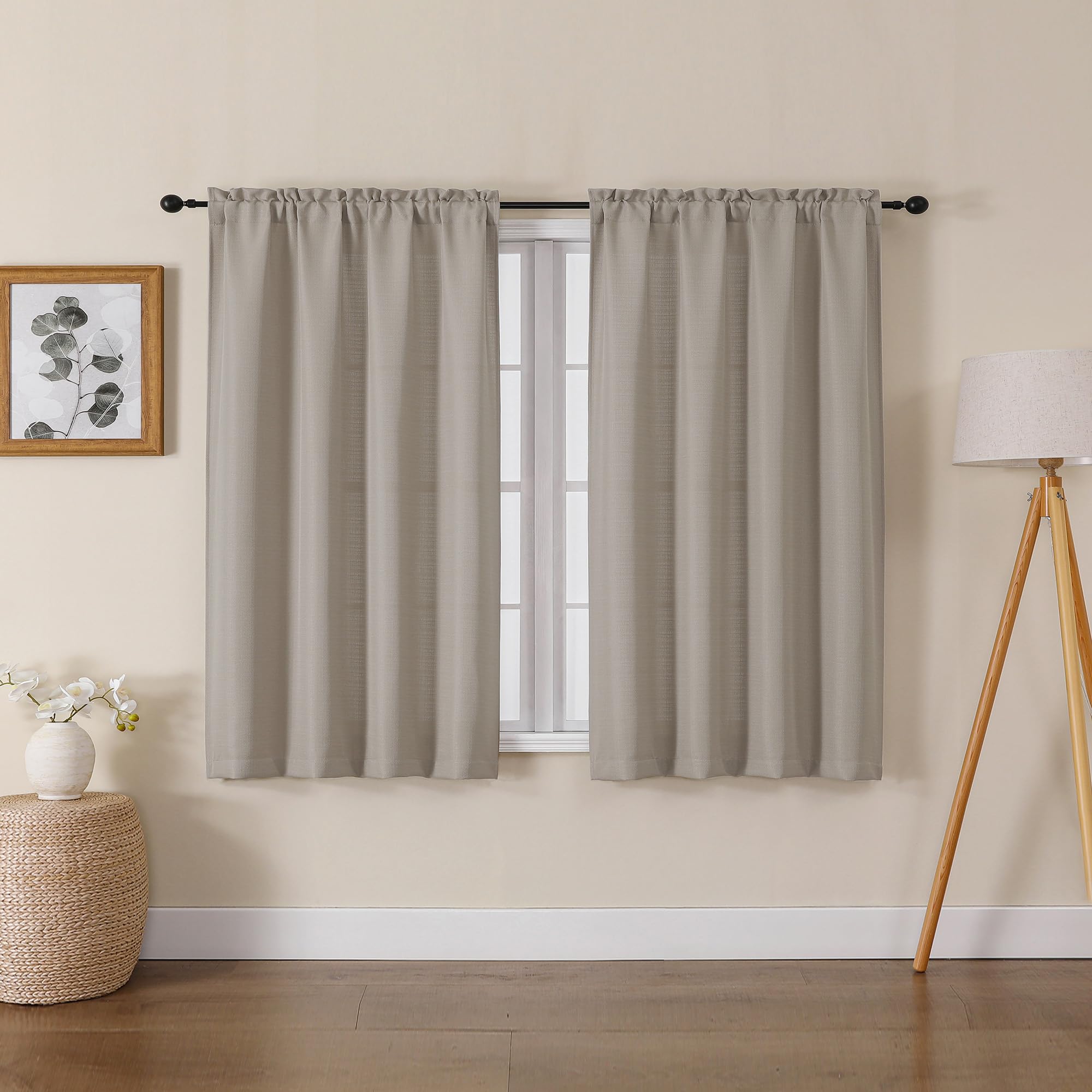 Lecloud Bessie Stone Short Curtains 45 Inch Length 2 Panels, Faux Linen Light Filtering Curtains with Dual Rod Pocket, Farmhouse
