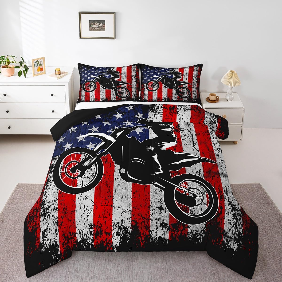 Dirt Bike Comforter Set Twin Motocross Comforter Retro American Flag Bedding Set For Kids Boys Teens Men Grunge Room Decor,Extre