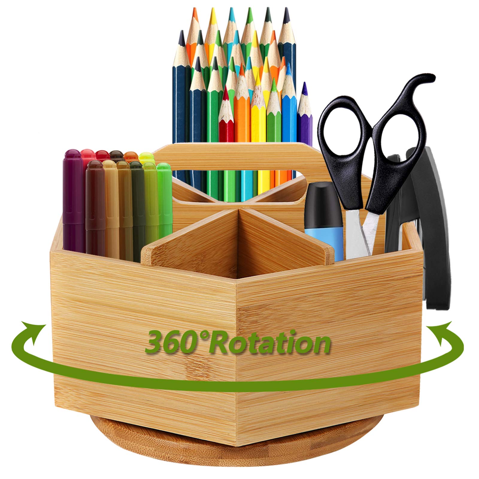 Marbrasse Bamboo Art Supply Organizer, Rotating Pencil Pen Holder, Office Supplies Desktop Storage Caddy, Like Colored Pencils,