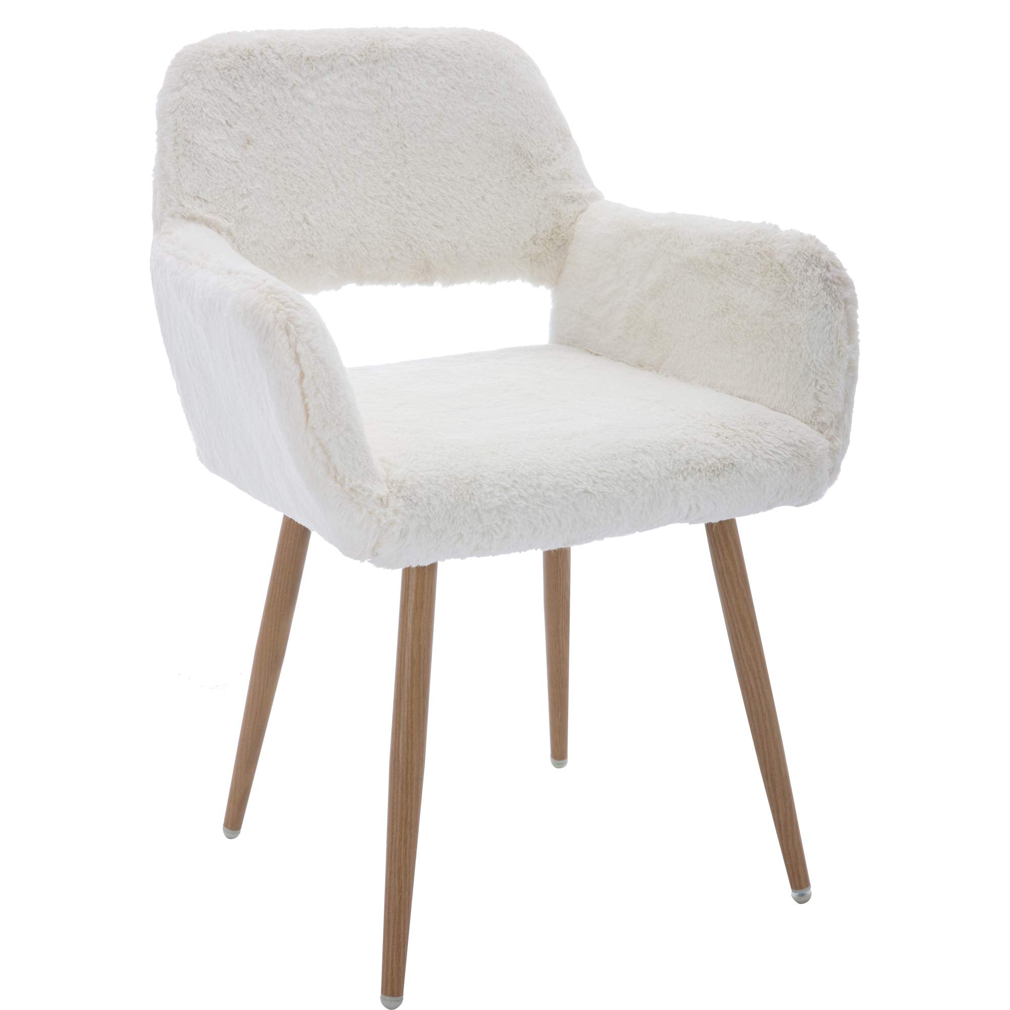 Kcc Furry Desk Chair, Mid-Century Modern Accent Comfy Armchair With Faux Fur For Teen Girls, Wood Look Metal Legs Living Dining