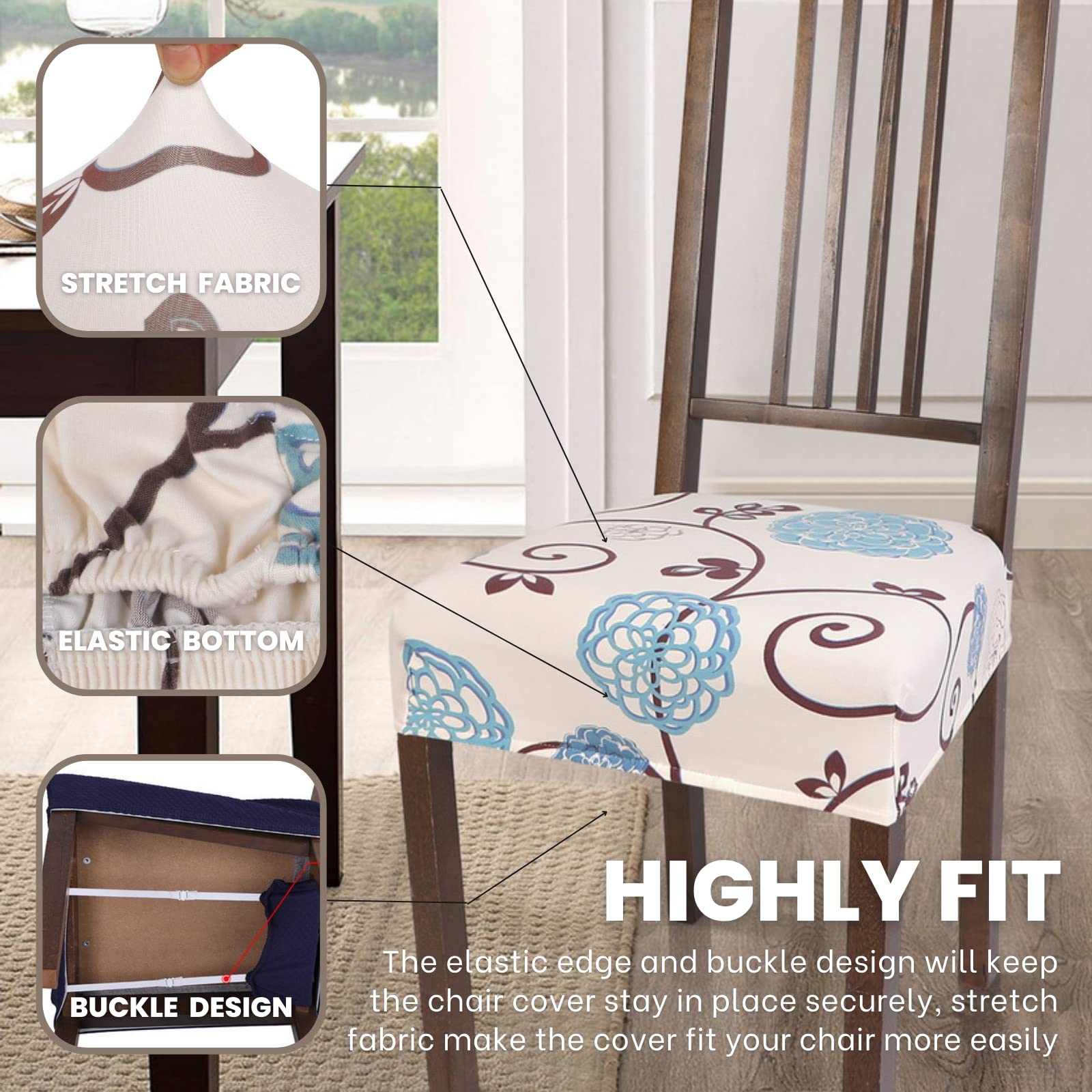 Searchi Stretch Dining Chair Seat Covers Set Of 4, Soft Removable Washable Seat Covers For Dining Chairs, Dining Room Seat Cover Protector (Rear-Covered, Ball Flower)