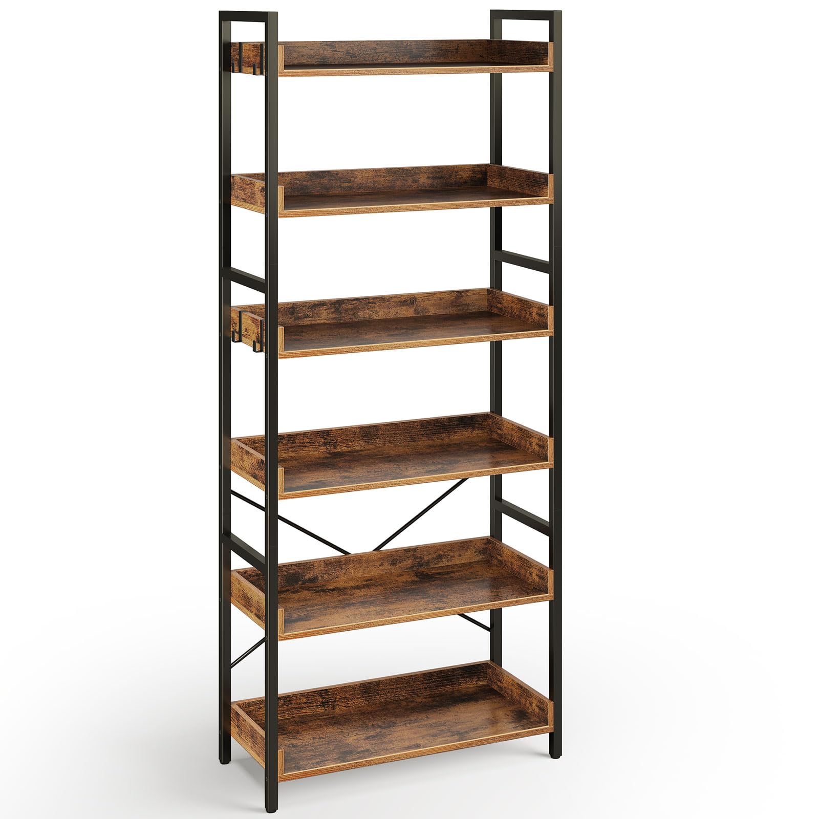 Rolanstar Bookshelf 6 Tier With 4 Hooks, Industrial Bookcase, Vintage Storage Rack With Open Shelves, Rustic Standing Bookshelves Metal Frame Display Rack For Living Room, Bedroom, Rustic Brown