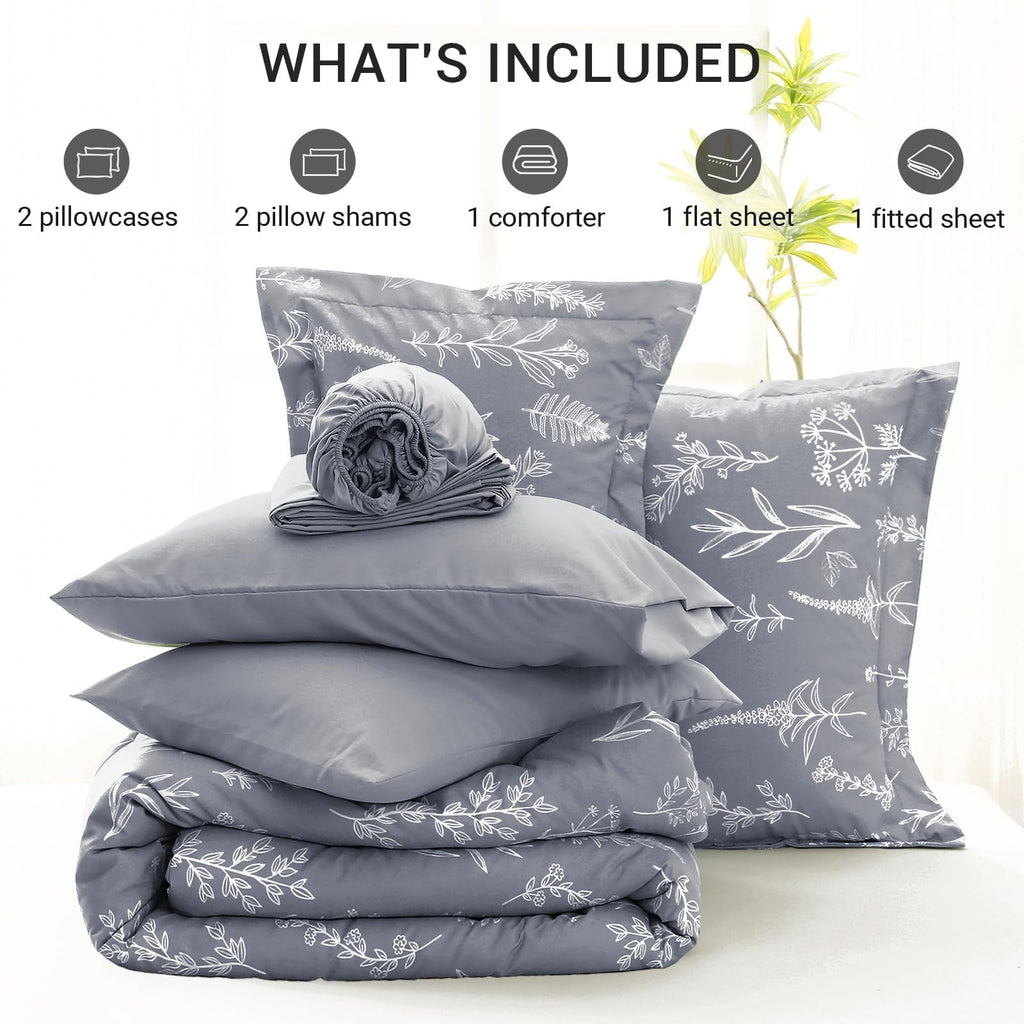 Muxhomo Light Grey Bed In A Bag Queen 7 Pieces, Queen Comforter Set Reversible Botanical Flowers Design, Ultra Soft & Breathable