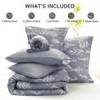 Muxhomo Light Grey Bed In A Bag Queen 7 Pieces, Queen Comforter Set Reversible Botanical Flowers Design, Ultra Soft & Breathable