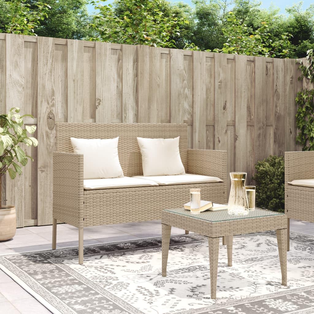 vidaXL Beige Poly Rattan Patio Bench with Cushions - Outdoor Loveseat for Garden, Deck, Poolside - Weather-Resistant Storage Furniture