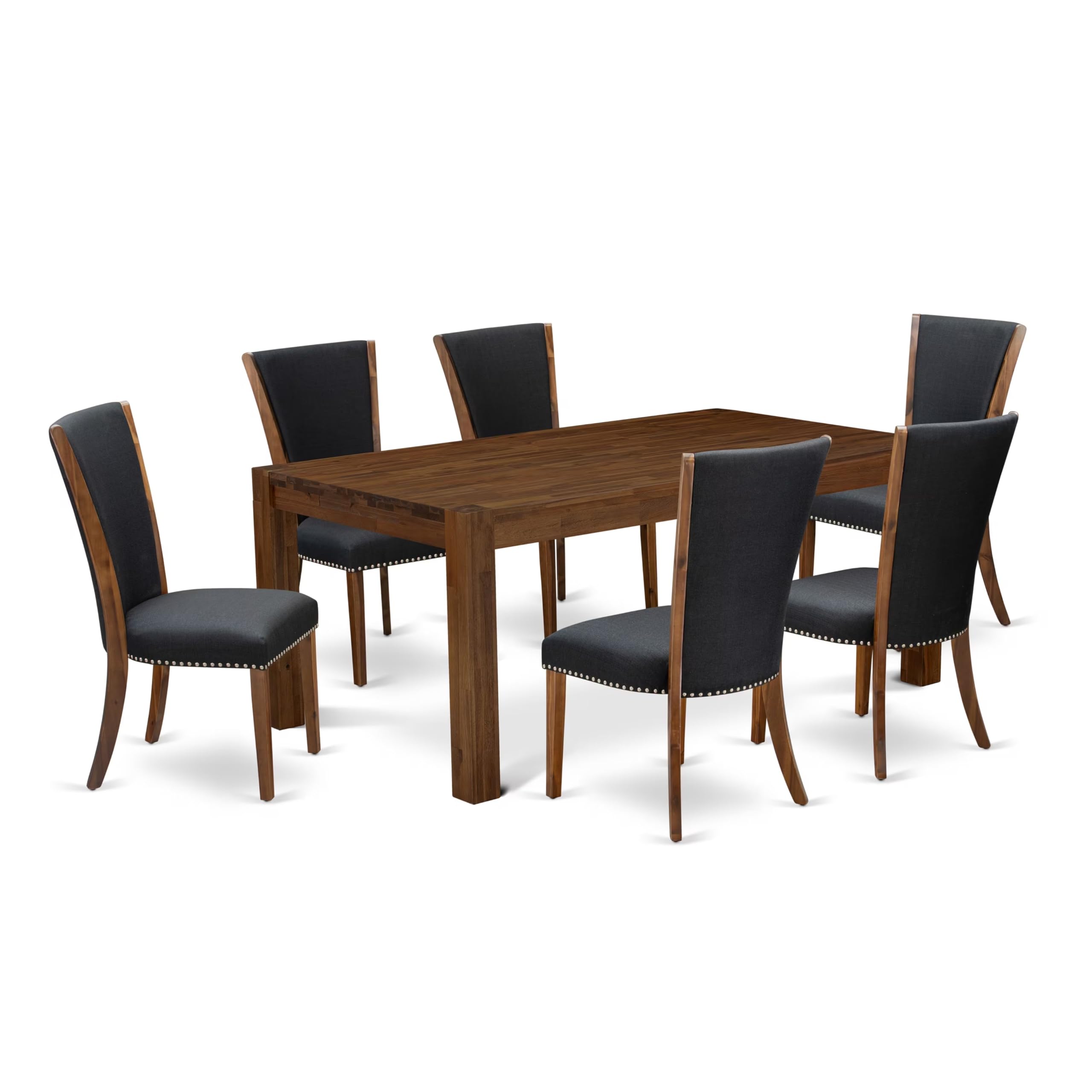 East West Furniture Lmve7-N8-24 7 Piece Dinette Set Consist Of A Rectangle Rustic Wood Dining Room Table And 6 Black Color Linen Fabric Parsons Dining Chairs, 40X72 Inch, Natural