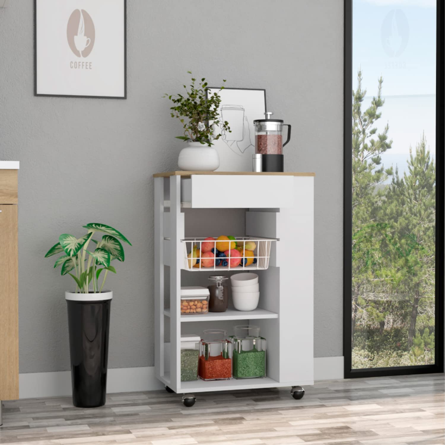 Rosemont Kitchen Cart, 2 Open Shelves, 4 Casters, 1 Drawer, White/Light Oak