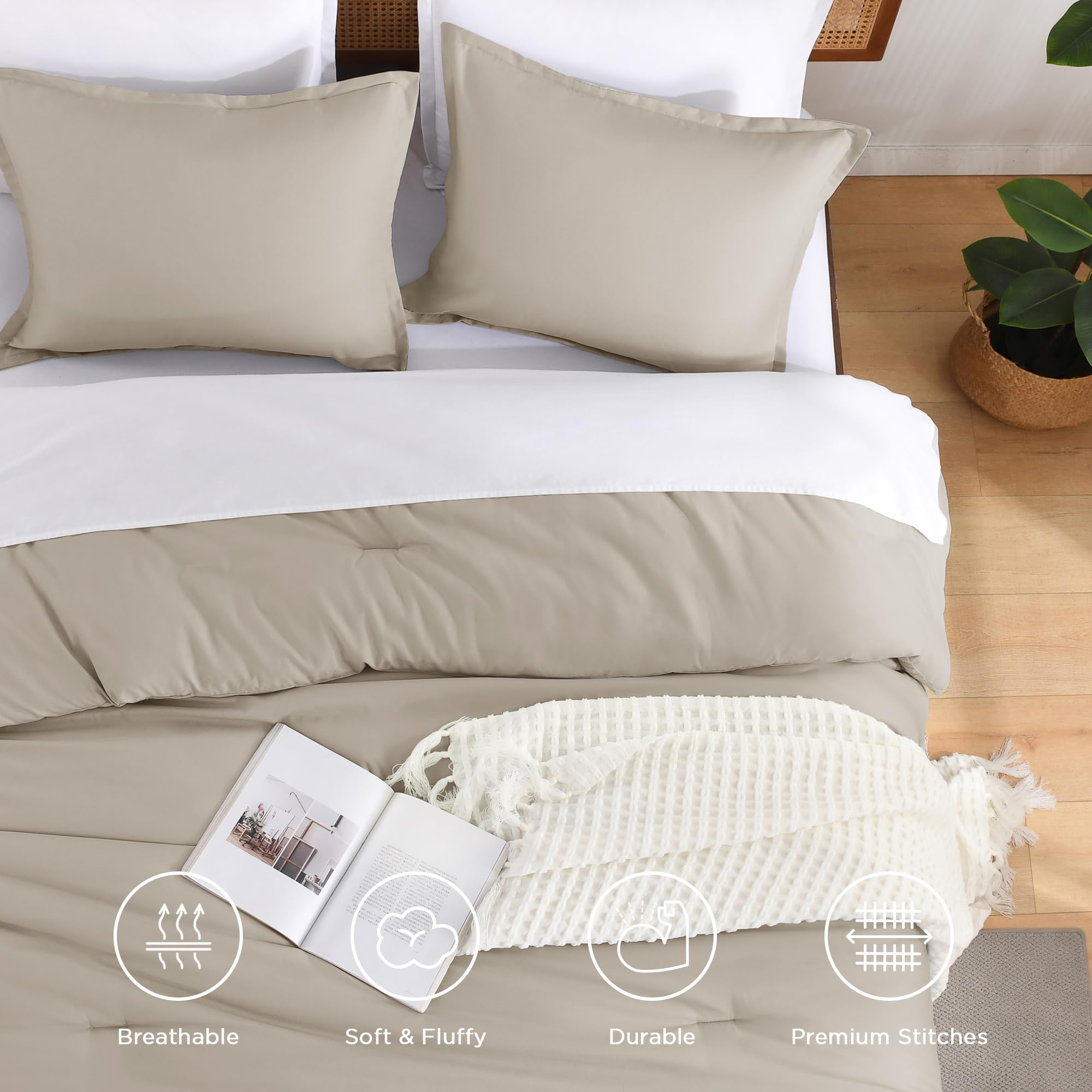 Andency Oatmeal Comforter Set Full, 3 Pieces Boho Lightweight Solid Fluffy Bedding Comforter, All Season Soft Microfiber Bed Set For Girls Boys Teen