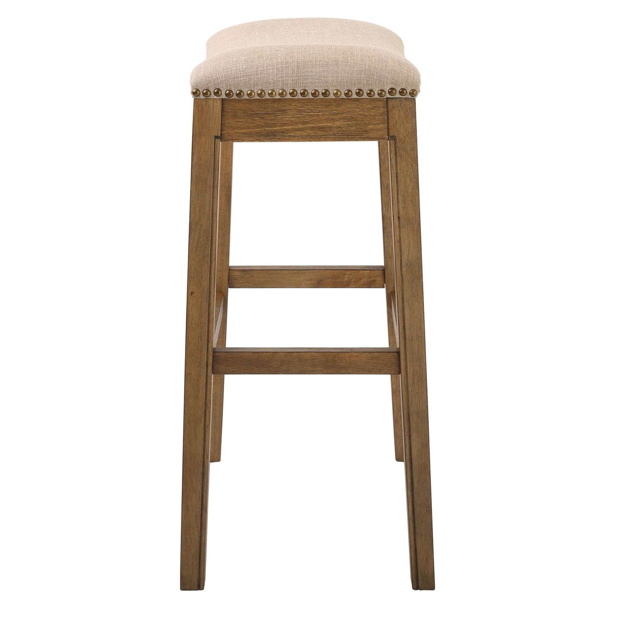 HomeRoots Bar Height Saddle Style Counter Stool with Cream Fabric and Nail Head Trim