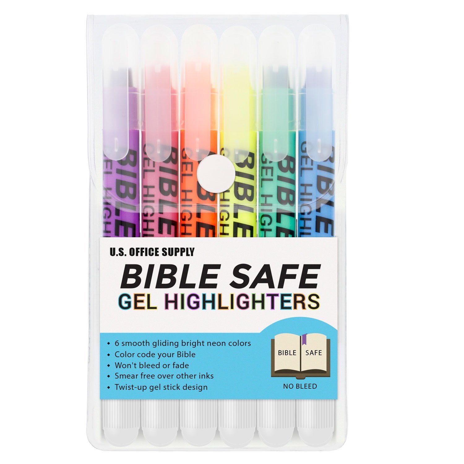 U.S. Office Supply Bible Safe Gel Highlighters, 6 Pack Set - 6 Different Bright Neon Fluorescent Highlight Colors Yellow, Orange